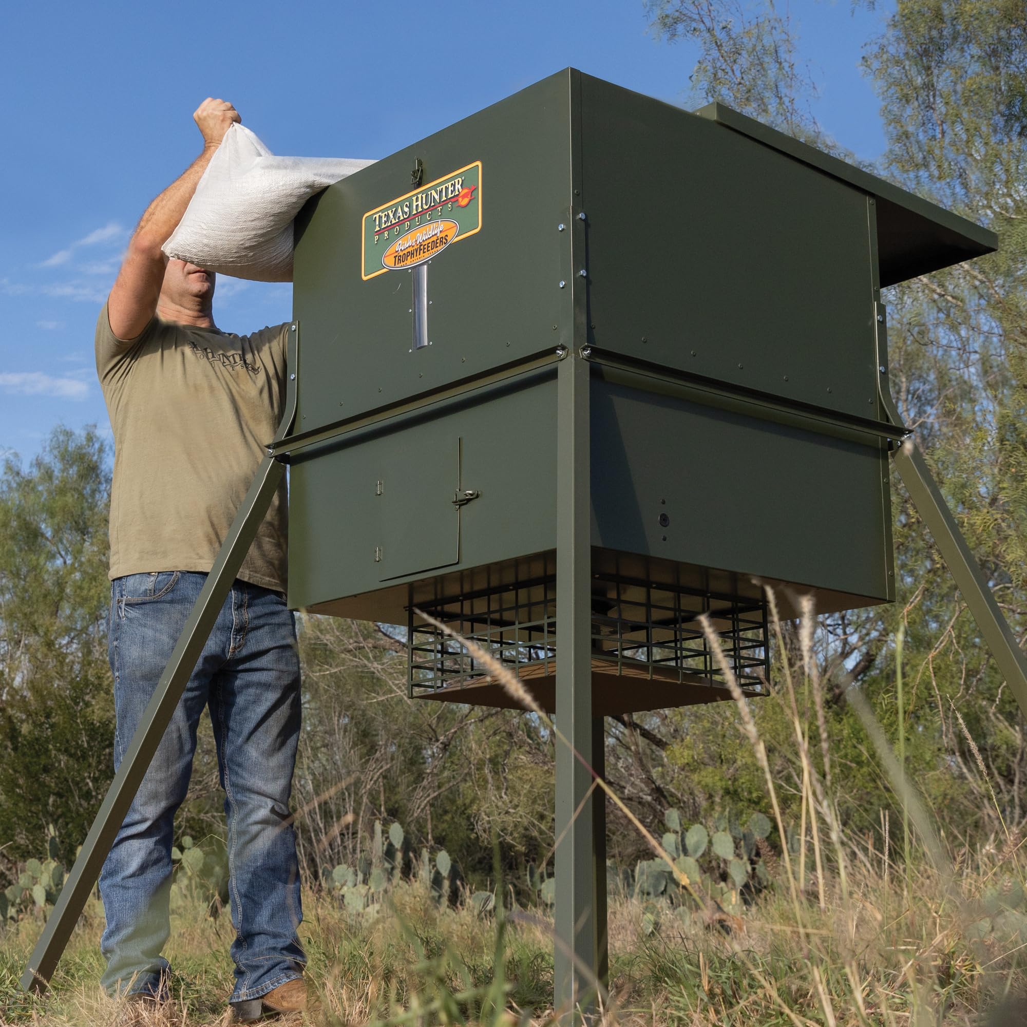 Texas Hunter Stand and Fill Wildlife & Deer Feeder w/ 4-Foot Stand and Fill Legs - 650 lb. Corn Capacity - Model TF650L4 …