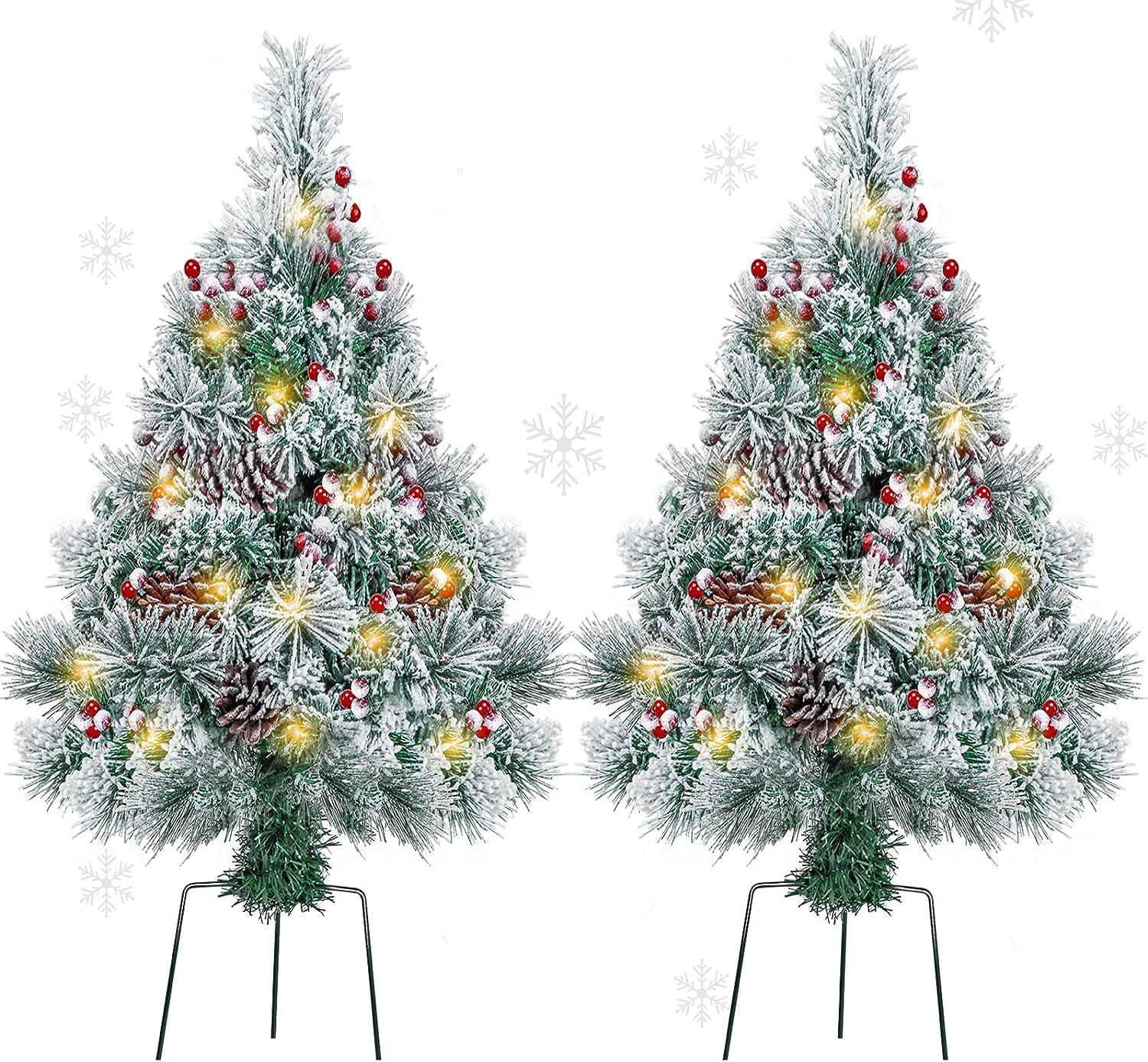 2 Pack Christmas Trees Outdoor Decorations, 76.2cm Prelit Flocked Xmas Pathway Trees, Artificial Urn Filler Entrance Tree with Lights,Battery Operated Potted Tree for Porch Yard, Outside Decor