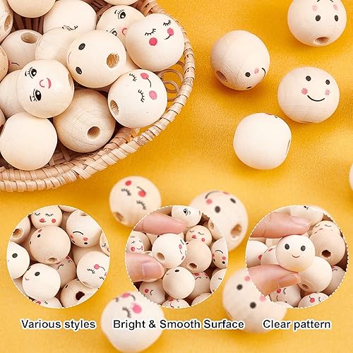 Miniatura 6 de PH PandaHall Cuentas de madera con cara sonriente, 100 cuentas de madera de 5 estilos, cuentas de cabeza de 15 a 0.709in, cuentas espaciadoras de