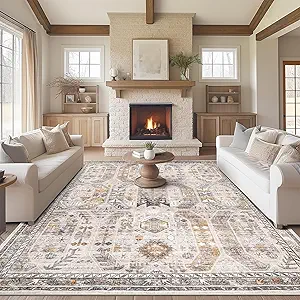 Madane 6x9 Area Rugs for Living Room, Stain Resistant Washable Rugs, Non-Slip Backing Area Rug, Vintage Home Decor Rug for Bedroom (Brown/Gold, 6'x9')