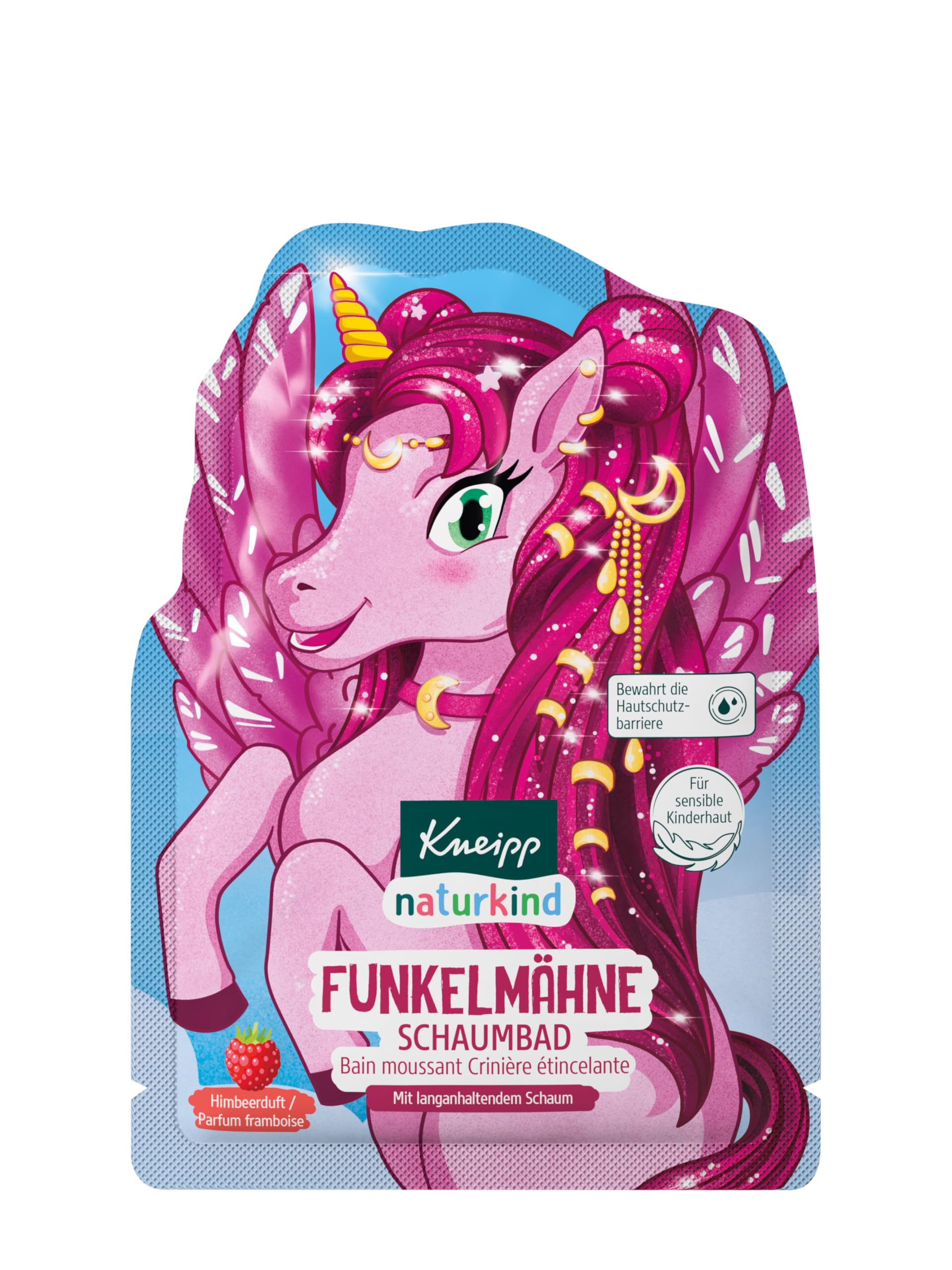 Kneipp naturkind - Baño de espuma con melena brillante - Aditivo de baño para niños con aroma a frambuesa y aceite de jojoba nutritivo, mágica Pegasus para niños, fórmula sin microplástico, 40 ml