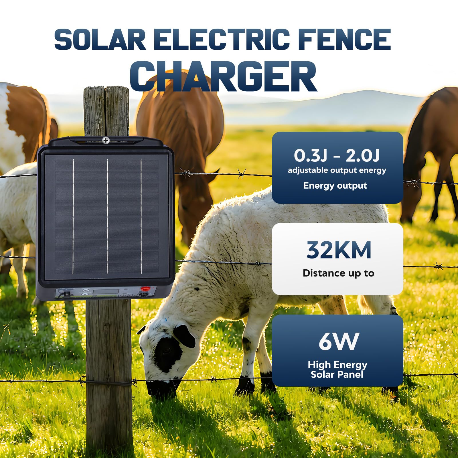 32KM Recinzione elettrica con batteria, 6-12 kV Pastore elettrico Controller per cavalli, 2 J Recinzione elettrica per allevamento di animali da pastore, per fattoria, pascolo, giardino (nero)