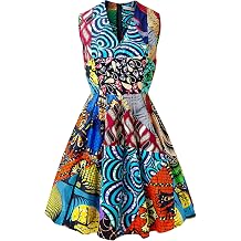 SHENBOLEN Women Print V Neck Dress African Wax Sleeveless A-line Dress Casual Party Wedding
