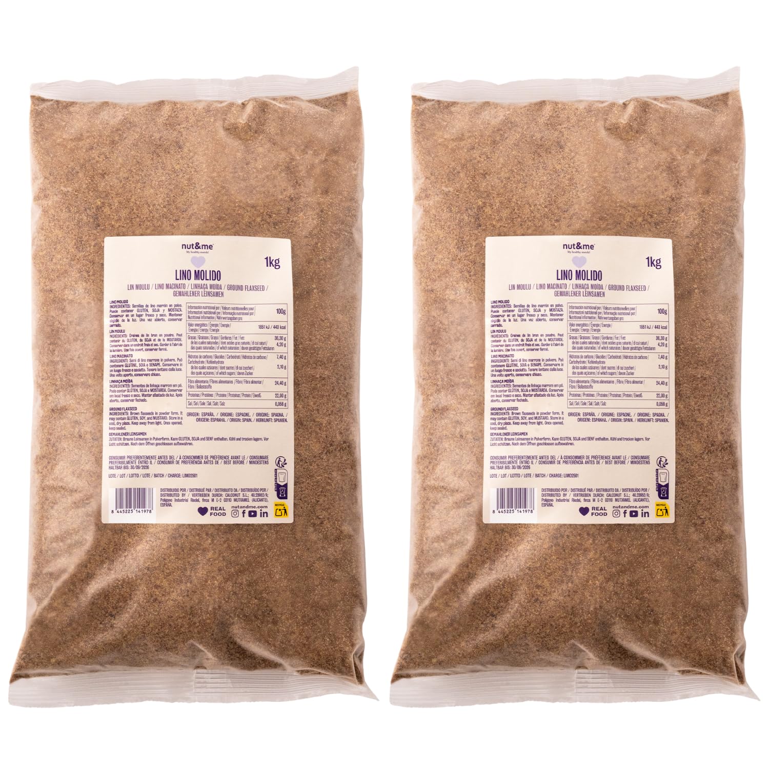 Semillas de lino molido 2 kg nut&me | Semillas de linaza | Fuente de proteínas | Rico en fibra | Sin conservantes ni aditivos | Pack 2 x 1 kg