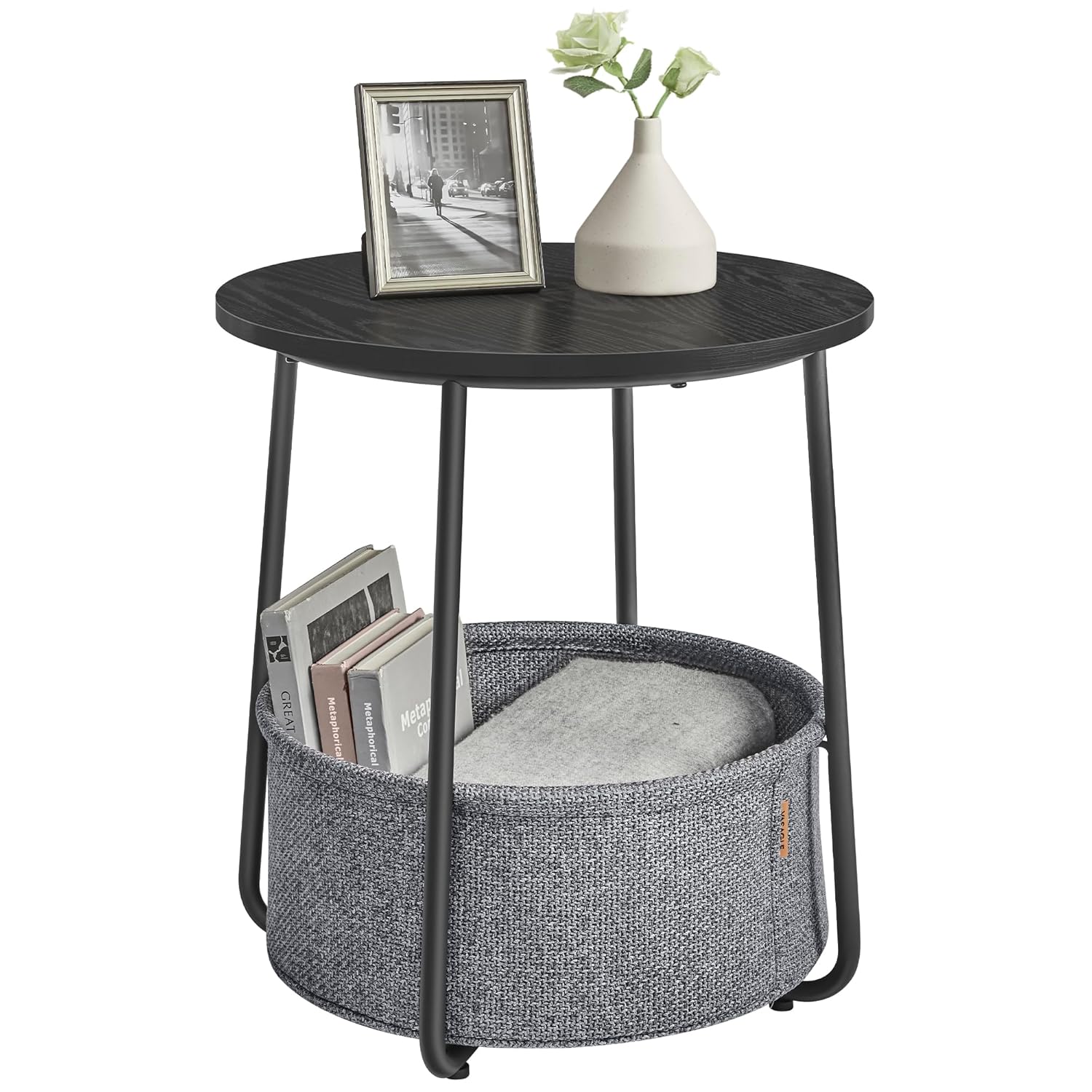 VASAGLE Small Round Side End Table, Modern Nightstand with Fabric Basket, Ebony Black and Slate Gray ULET223B01
