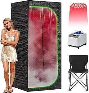 Steam Sauna Tent for Home with Transparent Door, Portable Indoor Sauna with Powerful Steam Heating, Foldable Personal Spa for Relaxation (Single Rectangular – Red Light, Black)