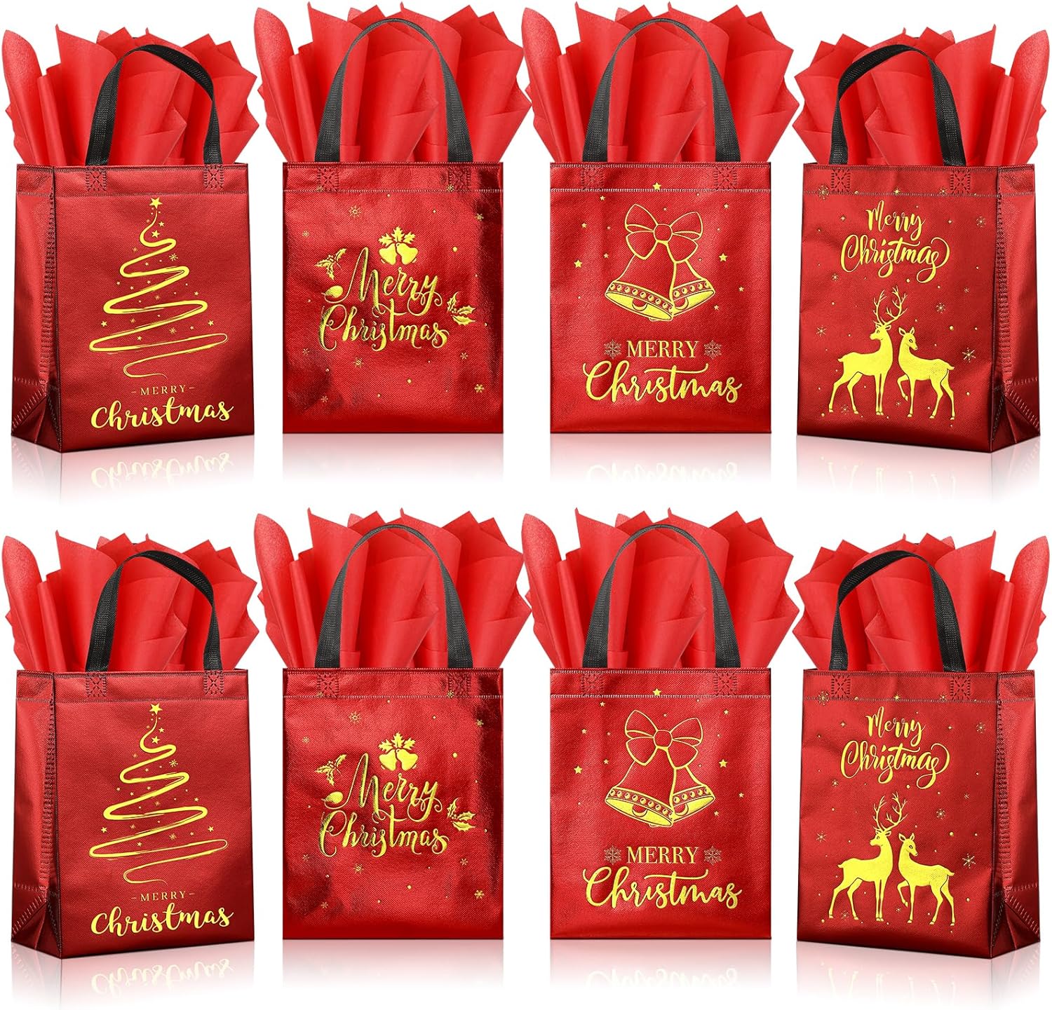 48 Pack Christmas Gift Bags with Tissues, Red Medium Reusable Christmas Tote Bags with Handles, Metallic Gold Foil Goodie Bags Non Woven Gift Bags Bulk for Christmas Holiday Party Favors, 5x8x10 Inch