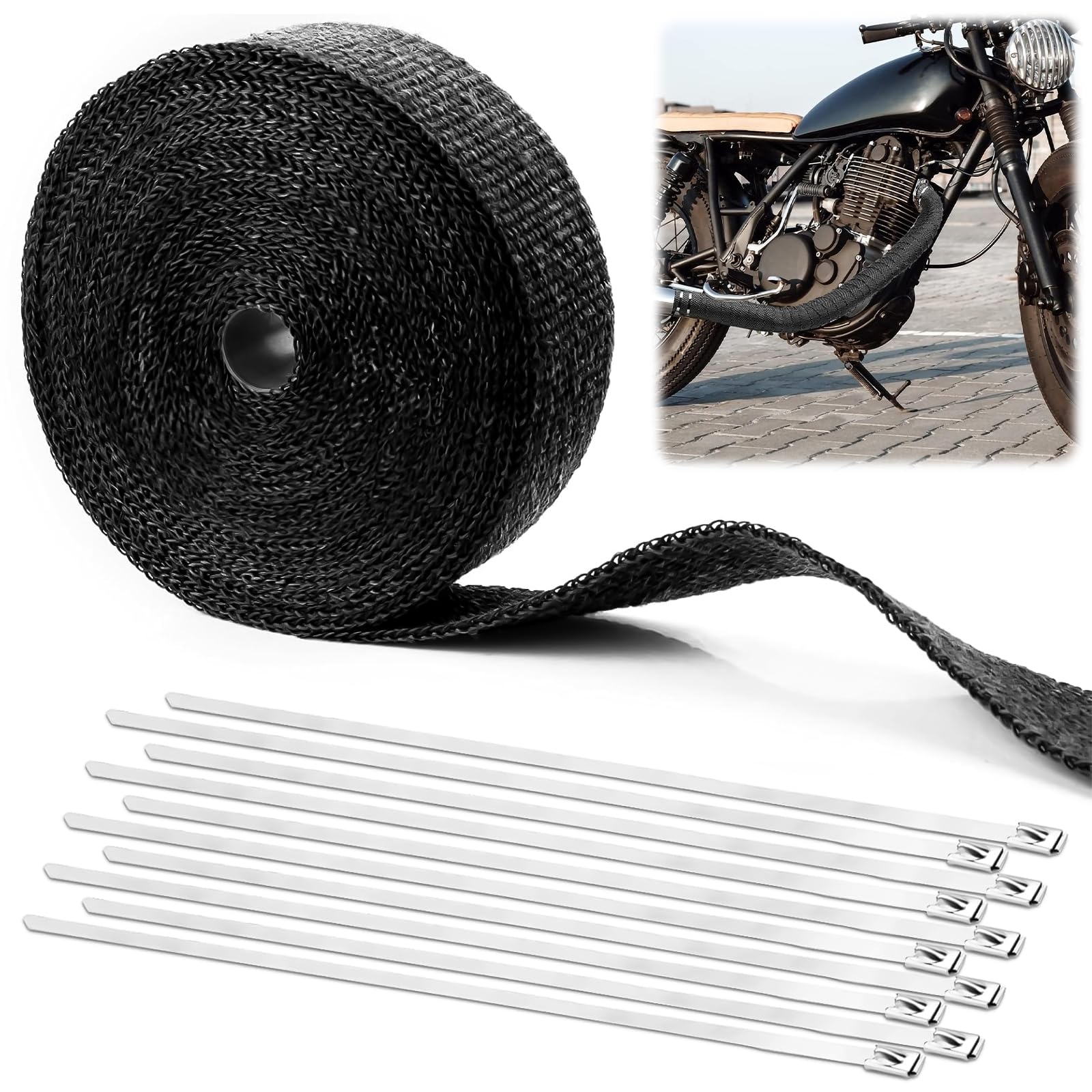 Benda Termica per Scarico Marmitta, 10 m Nero Nastro Termico Isolante in Fibra di Vetro con 10 Fascette in Acciaio Inox Bende Termiche Moto Per Tubo Scarico Moto e Automobile
