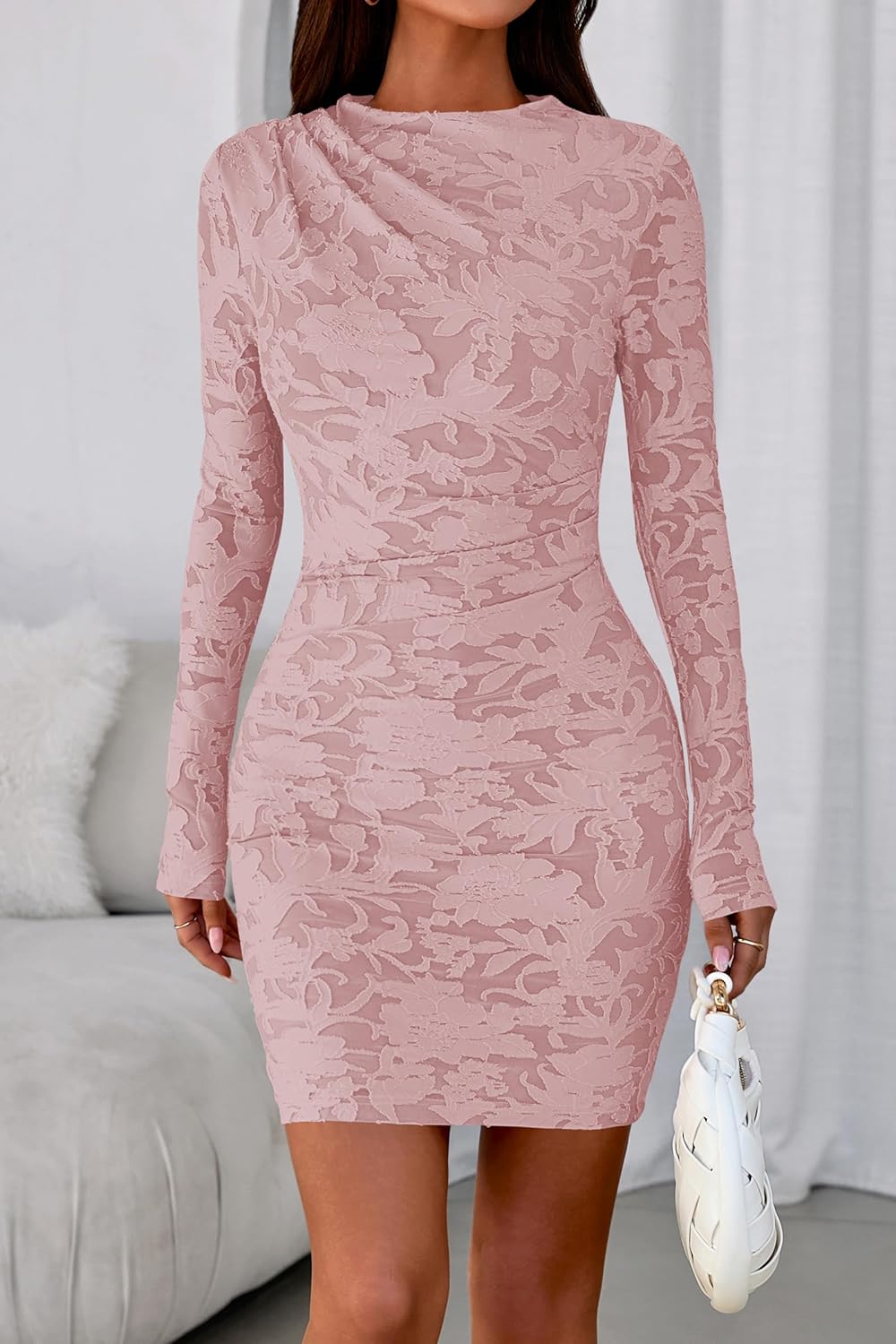 PRETTYGARDEN Women's Fall Bodycon Dresses 2026 Sexy Long Sleeve Ruched Lace Floral Mini Party Dress Tight Club Outfits - Image 2