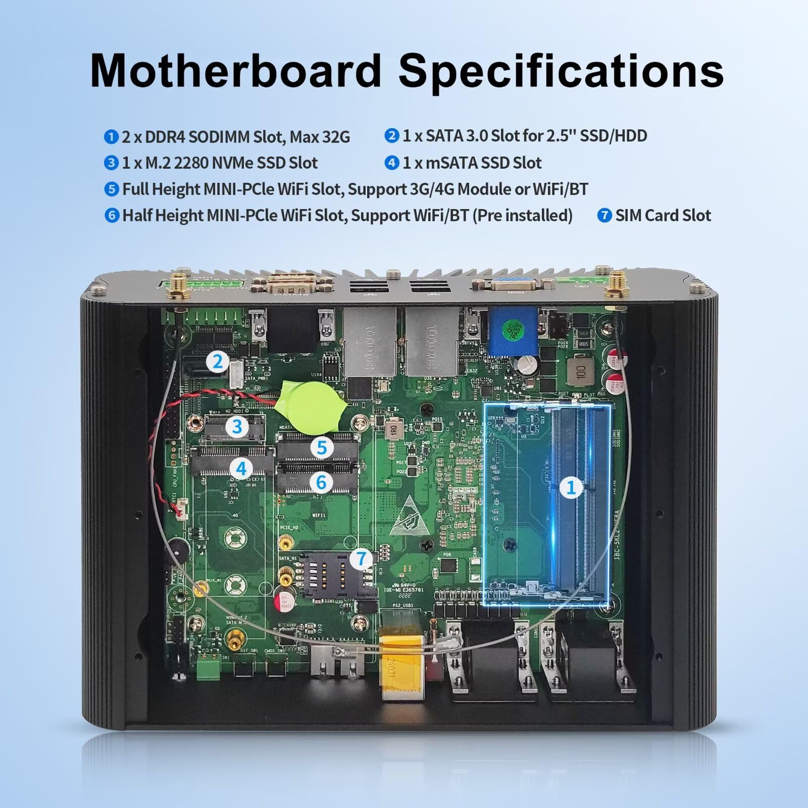 Industrie PC Fanless Mini PC Core i7-7560U, DDR4 8GB RAM 256GB SSD, Barebone, 4RS232/422/485COM, 2Gigabit LAN, HD+VGA, Fanless Industrial Fanless Embedded Auto Power On