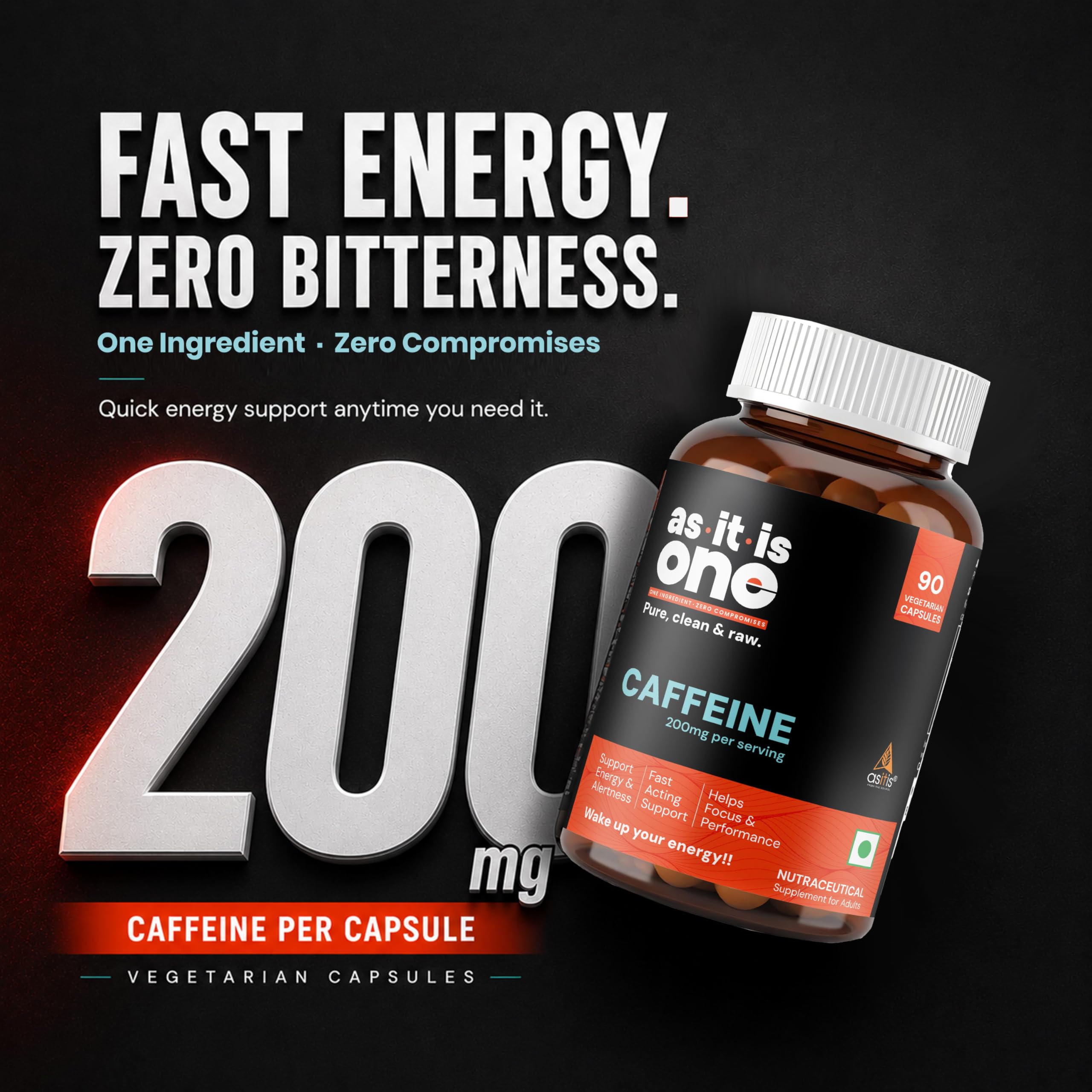 AS-IT-IS One Caffeine Capsules 200mg | Pre-Workout Supplement for Men & Women | Stimulant Support for Energy, Endurance & Focus – 90 Capsules 3
