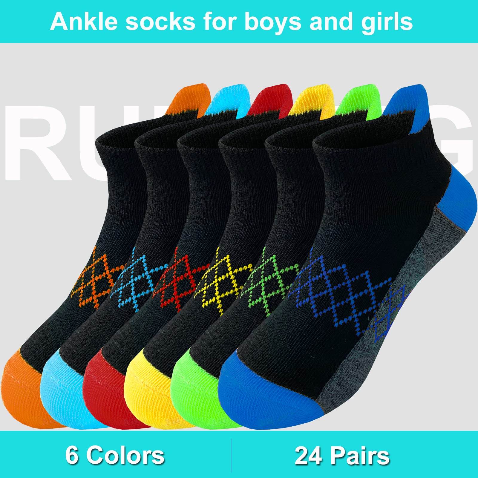 Calcetines para niño, 24 pares de calcetines de corte bajo medio acolchados para niños pequeños y grandes de 3 a 14 años