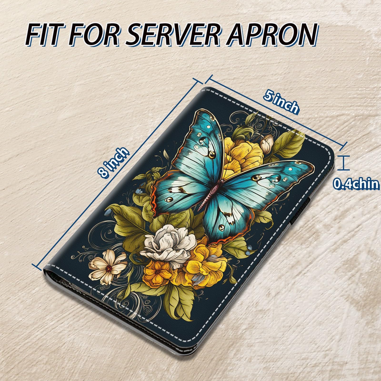 TSNJTBDL Server Book, Server Books for Waitress Small Cute Waiter Receipt Book PU Leather Waitress Book with Zipper Pocket for Cash Check Restaurant Bartender Server Apron, Flowers Butterfly