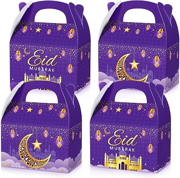 TaoBary 24 Pack Ramadan Treat Boxes Eid Mubarak Gift Boxes Mosque Star Moon Lantern Party Favor with Handle Bulk Ramadan Goodie Candy Bag for Eid Al Fitr Packages SuppliesPurple