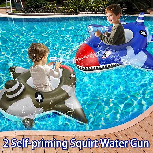 Miniatura 3 de AMENON Paquete de 2 flotadores de piscina de batalla de tiburón con 2 pistolas de agua para niños de 3 a 11 años, juguetes acuáticos inflables