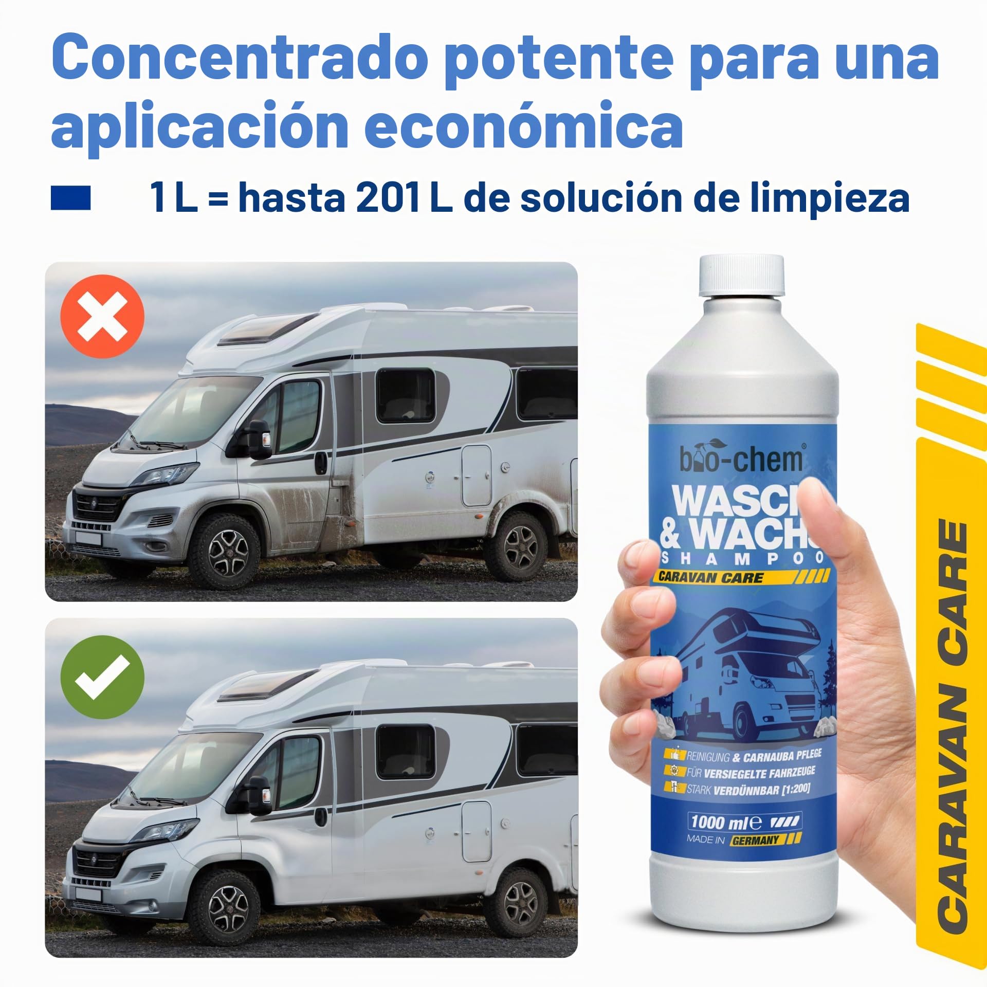 bio-chem Champú y cera para vehículos 1L + Pulverizador de espuma | Limpiador regenerador para plásticos con cera de carnauba, adecuado para la limpieza exterior de la carrocería de caravanas