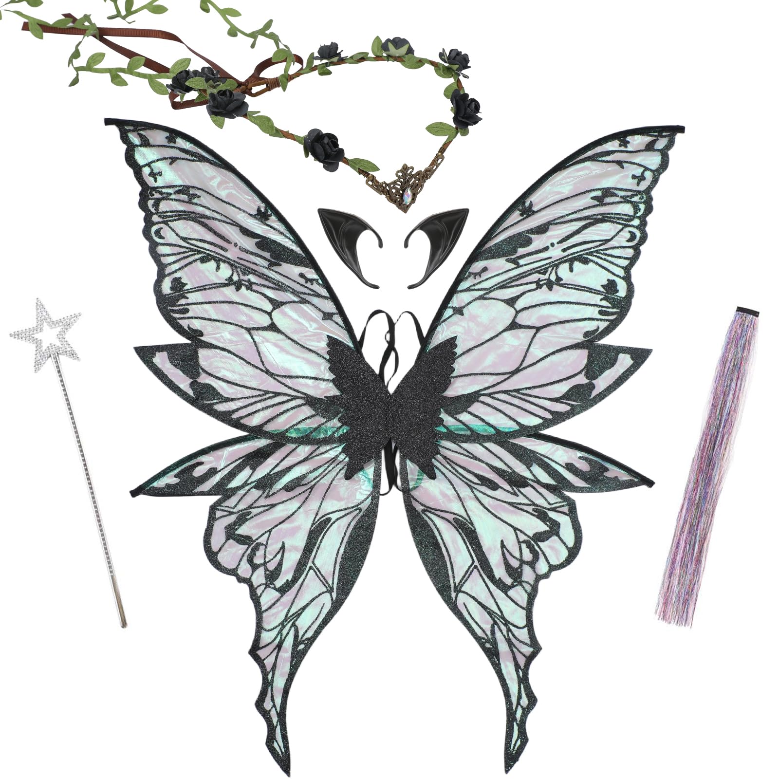 PartyforU Fairy Wings Adult for Women, 5 Pcs Black Elf Costumes Butterfly Wings Elf Ears Flower Crown Fairy Wand Colorful Hair Piece, Halloween Renaissance Fancy Dress