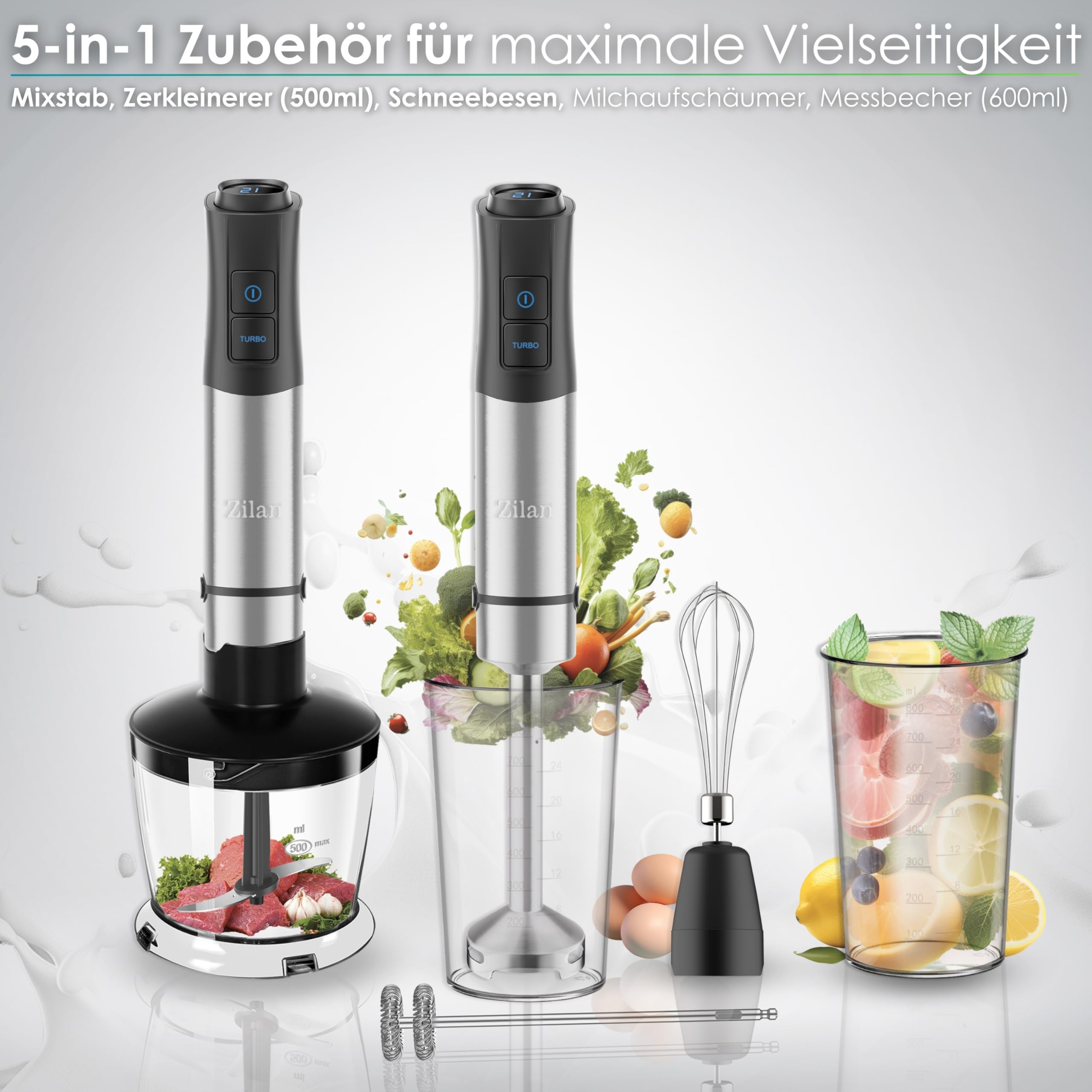 Zestaw blendera ręcznego 5 w 1, 1200 W, rozdrabniacz, trzepaczka, spieniacz do mleka, kubek z miarką, wydajny mikser ręczny, rozdrabniacz, 12 prędkości Turbo do przecierania najtwardszych składników