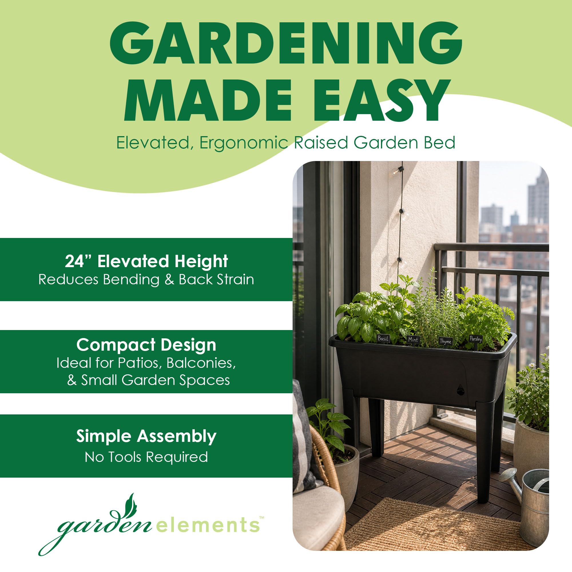 Garden Elements Cama de jardín elevada negra de 29.5 x 15 pulgadas, maceta de riego automático con cúpula de cultivo ventilada para verduras, hierbas y semillas en interiores y exteriores