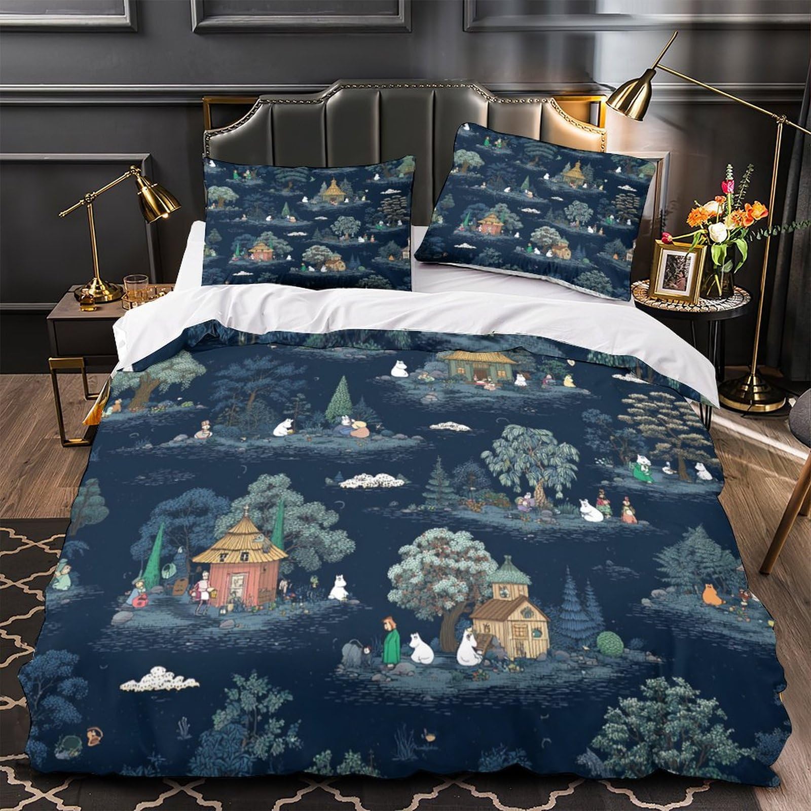 ZAWPPEUIO 3D Printed 3 Pcs Bedding Set Bed Decor Zipper Closure Design Moomin Characters Comforter Cover Washable All Season for Teens,Adults,Kids whimsical Forest Quilt Cover Double（200x200cm）