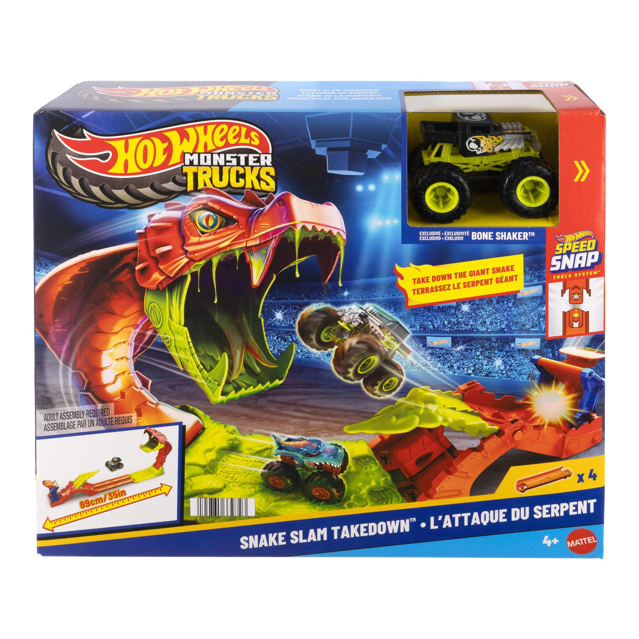 Hot Wheels Monster Trucks Derriba a la Serpiente, Conjunto de Juego de Juguete, Conjunto de Pista con vehículo de Juguete Bone Shaker Exclusivo a Escala 1:64, Incluye Pista, JJN44