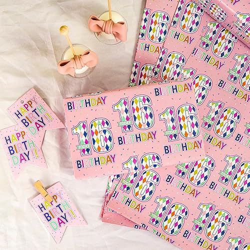 Miniatura 3 de RUSPEPA Hojas de papel de regalo de cumpleaños con etiquetas de regalo para niñas adolescentes, 6 hojas plegables cada juego, 27 x 19 pulgadas, 16