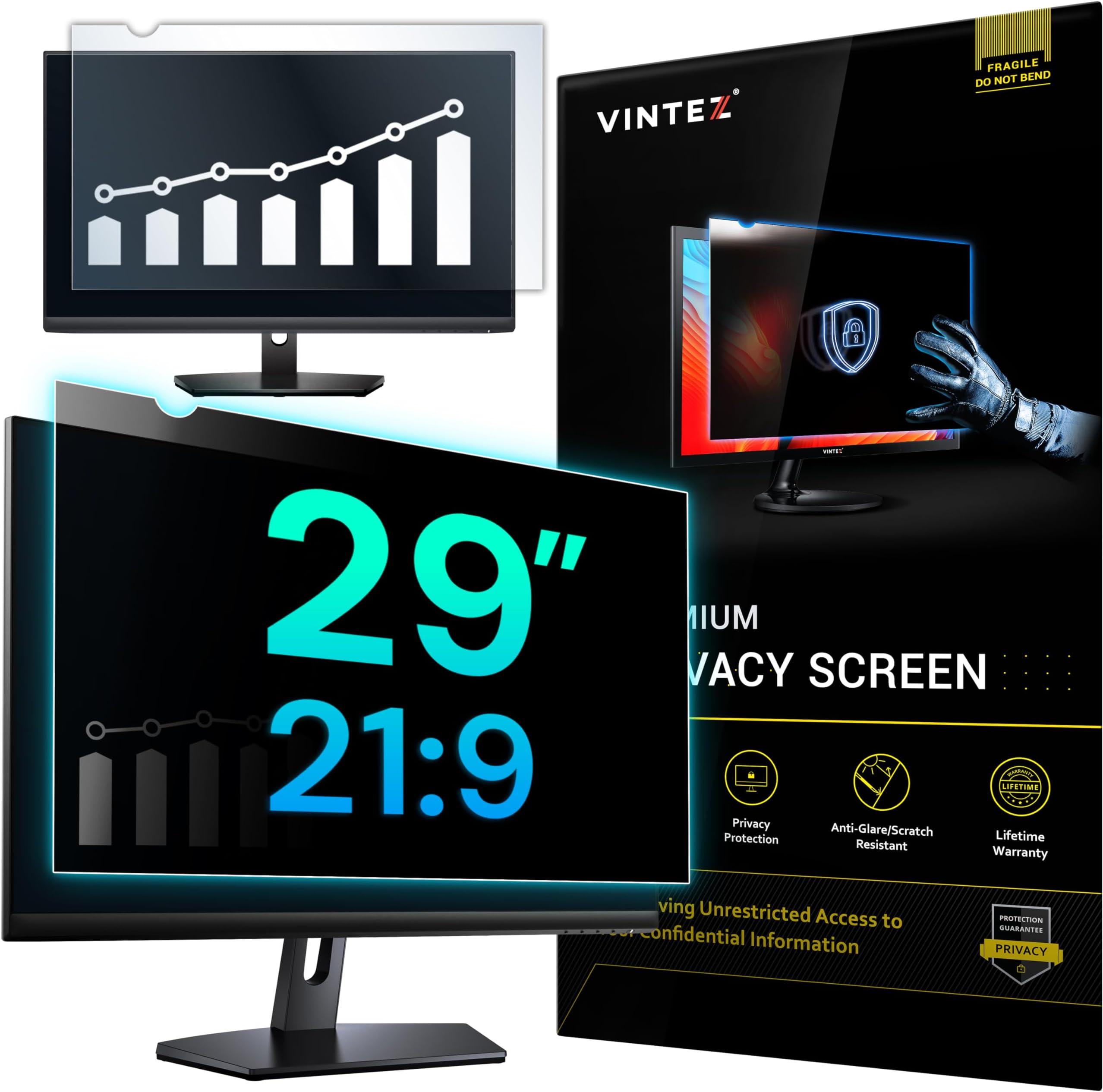 VINTEZ 29 Inch 21:9 Privacy Screen for Computer Monitor and Laptop - Anti Glare Protector Film Blue Light Filter Eye Protection - Computer Screen Privacy Shield, [1 Pack]