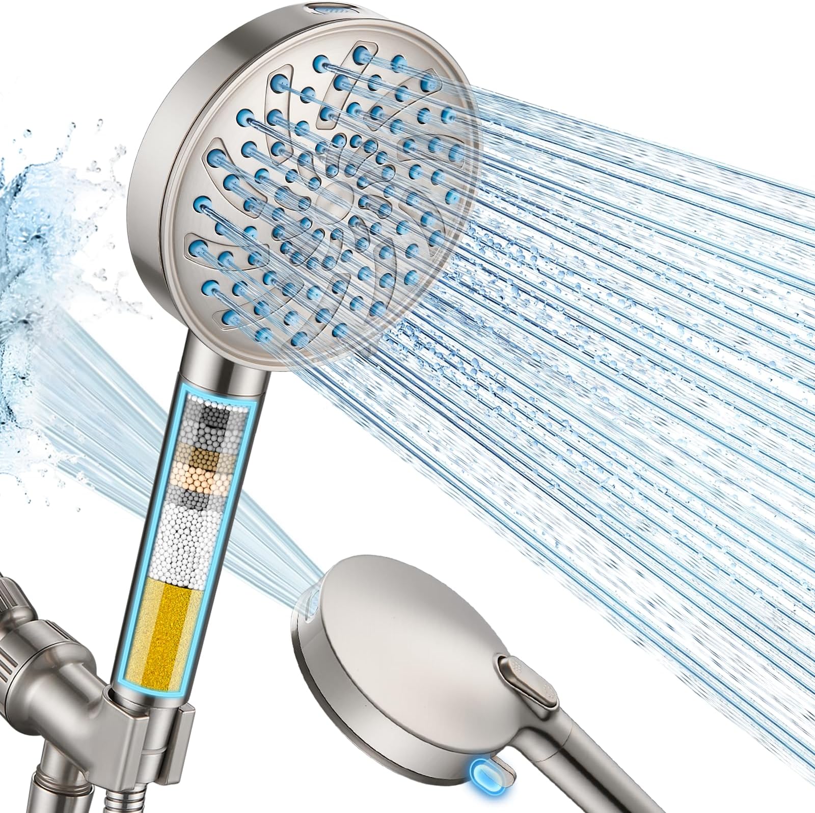 Filtered Shower Head with Handheld, High Pressure 7-mode Showerhead with Filters for Hard Water - Remove Chlorine - Reduces Dry Itchy Skin, Patented Paddle Shift Design, Brushed Nickel