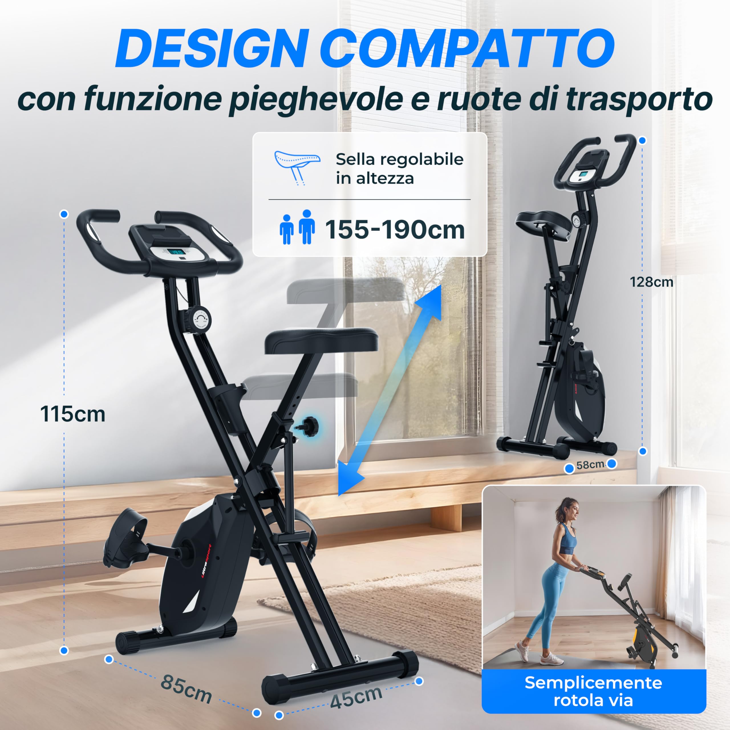 Ultrasport F-Bike Pro Cyclette da Casa Pieghevole I Cyclette Pieghevole da Casa fino a 150 KG con 16 Livelli, Sella Extra Confortevole, Funzione App, LCD Display e Sensori, Cyclette da Camera