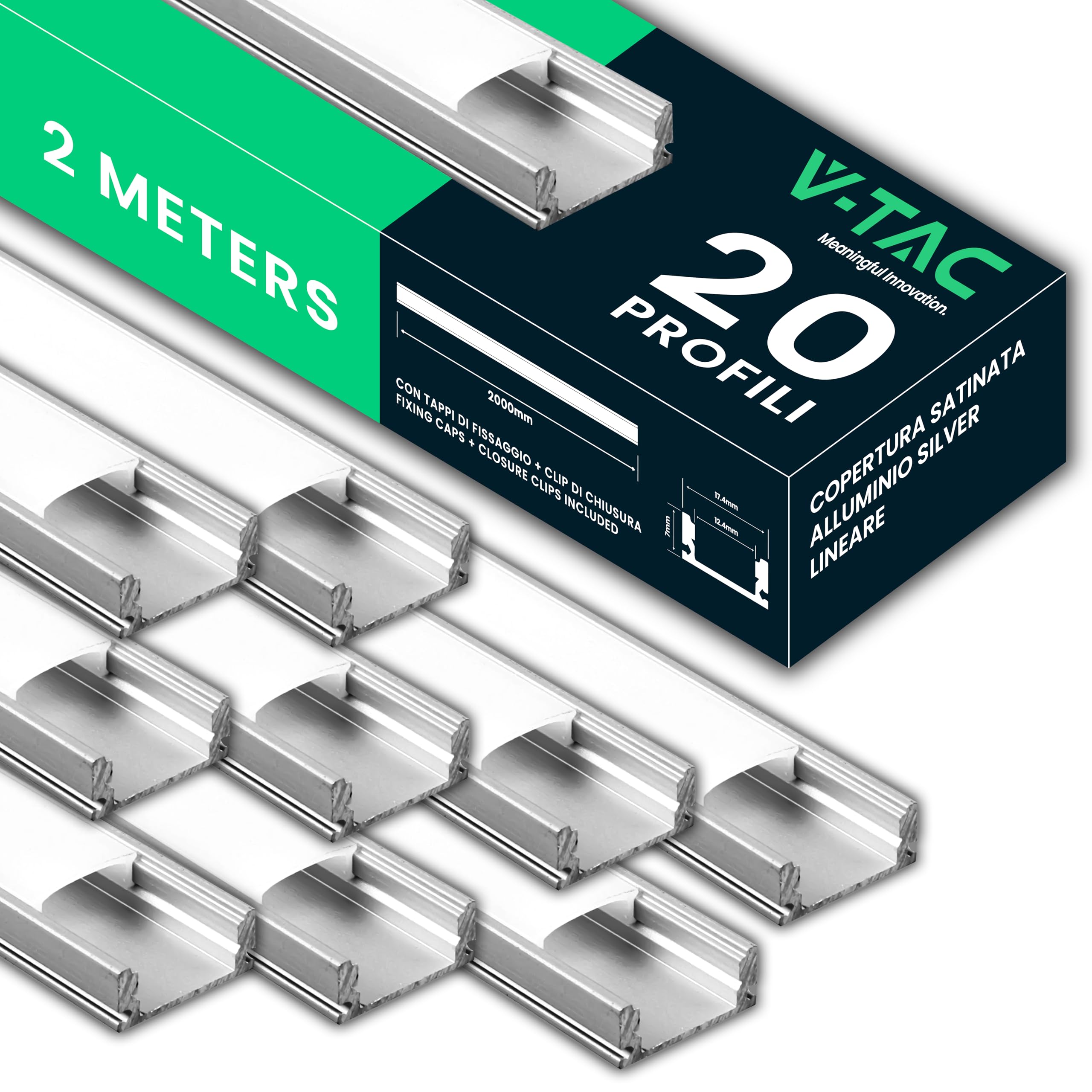 V-TAC 20x Profili per Strisce Led da 2 METRI Rettangolari in Alluminio - (40 Metri Totali) - Profili per Strisce LED Copertura Opaca - Ingombro max Striscia Led 12,4 mm - Dimensioni 17,4 x 7 mm