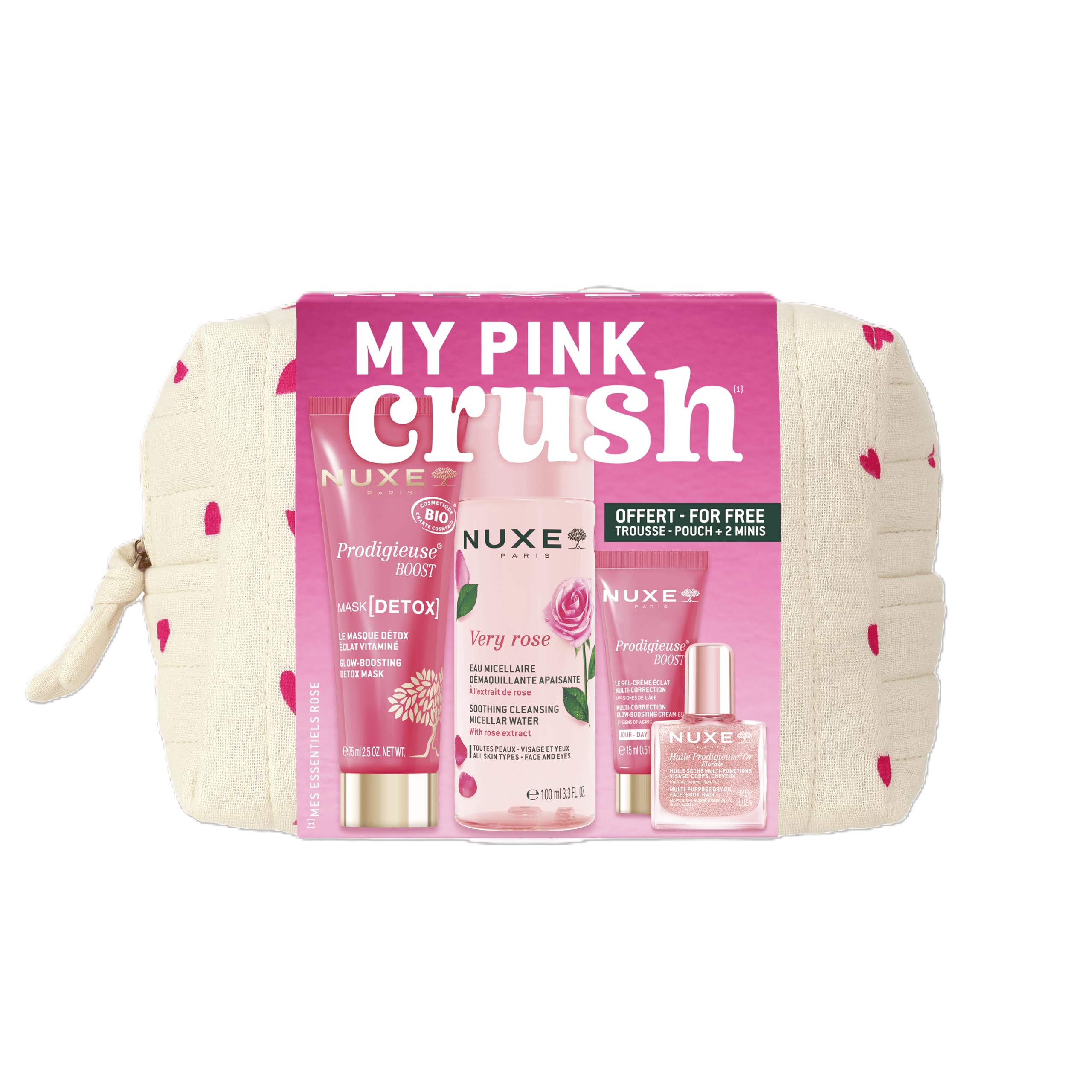 Nuxe My Pink Crush Gift Set of 5 (£33 Value), Micellar Water Makeup Remover, Floral Shimmering Dry Oil, Glow Boosting Cream