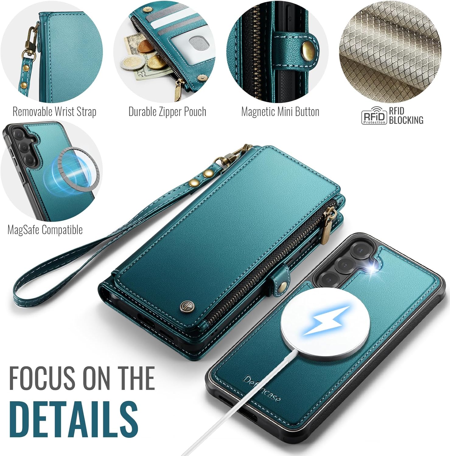 Defencase for Galaxy S25 Magnetic Wallet Case Compatible with Magsafe with RFID Blocking Zipper & Card Holder for Women Men, PU Leather Detachable Phone Case for Samsung Galaxy S25 6.2", Blue Green