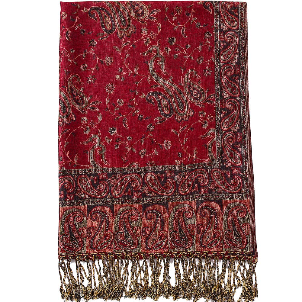 Becolored Paisley Flowers Borders Pattern Pashmina Silk Scarf Shawl Wrap Blanket Reversible Comfortable With Fringes, 1-red, Large