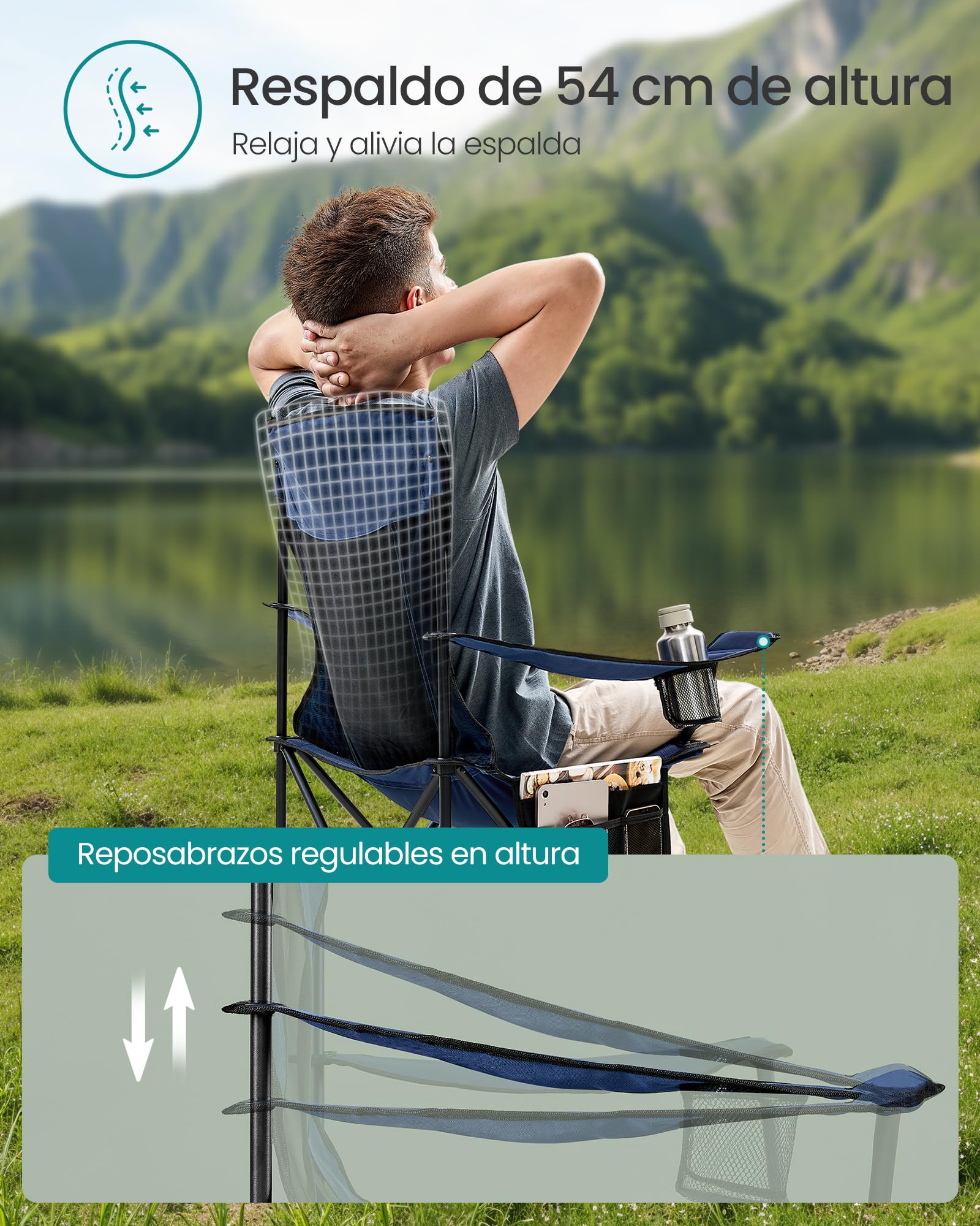 SONGMICS Juego de 2 Sillas de Camping Transpirables, Plagables Exterior con Respaldo Alto, Reposabrazos Ajustables, Portavasos, Carga 150 kg, para Jardín, Patio, Azul Marino GCB028Q01