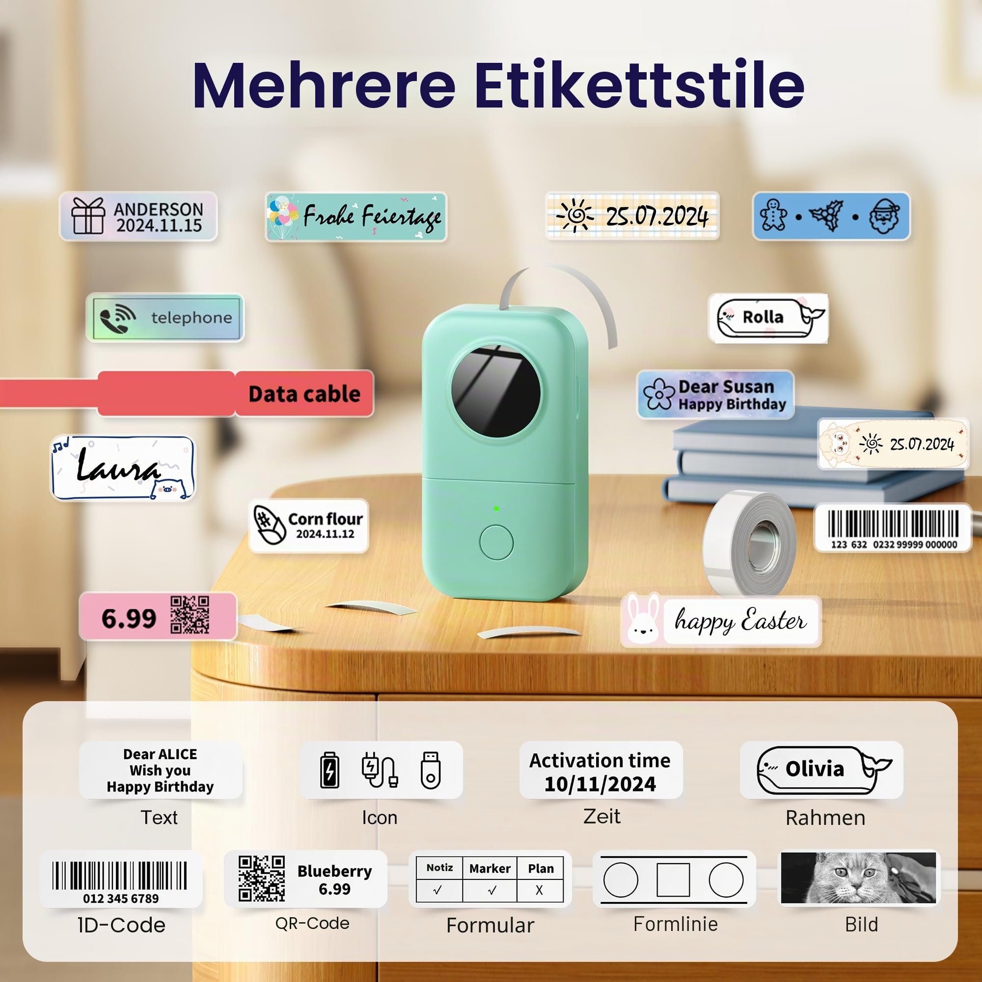 Phomemo D30 Bluetooth Etikettiergerät Beschriftungsgerät Selbstklebend Mini Etikettendrucker,Label Printer mit 3 Rollen etikettenpapier Geschenkbox,Labelmaker Geeignet für Haushalt und Büro - Grün