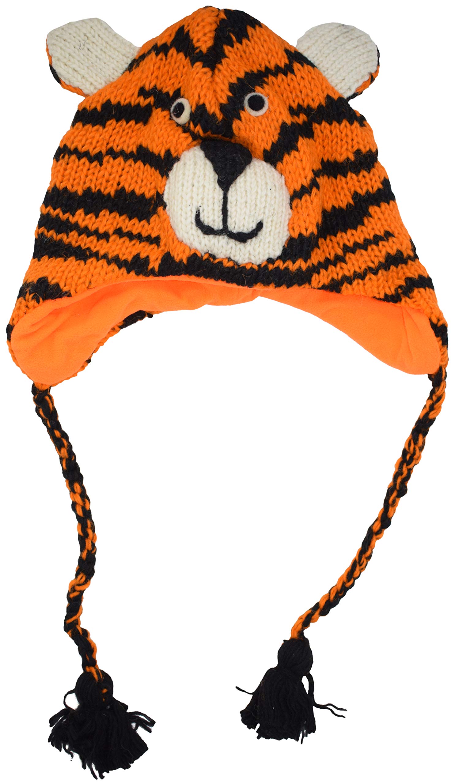 Woollen Handknitted Fleece Lined Trapper Farm Animal Hat Orange Tiger
