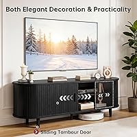 Vista 3 de Soporte de TV moderno de mediados de siglo de 58 pulgadas, consolas de TV de madera con puertas correderas y toma de corriente, centro