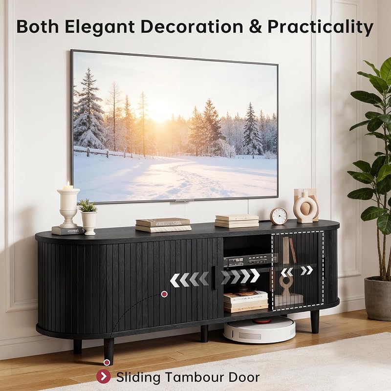 58" Mid Century Modern TV Stand, Wood TV Consoles with Sliding Doors and Power Outlet, Fluted Entertainment Center with Adjustable Shelves, Media Console for Living Room, Black image 3