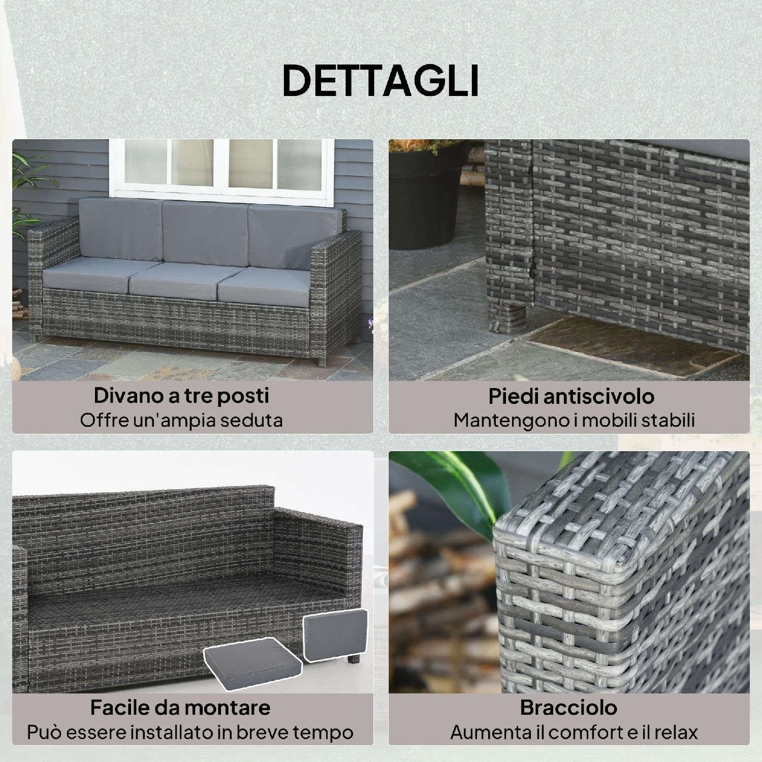 Divano da Giardino Esterno 3 Posti in Rattan PE e Metallo con Cuscini Imbottiti 185x70x80 cm colore Grigio