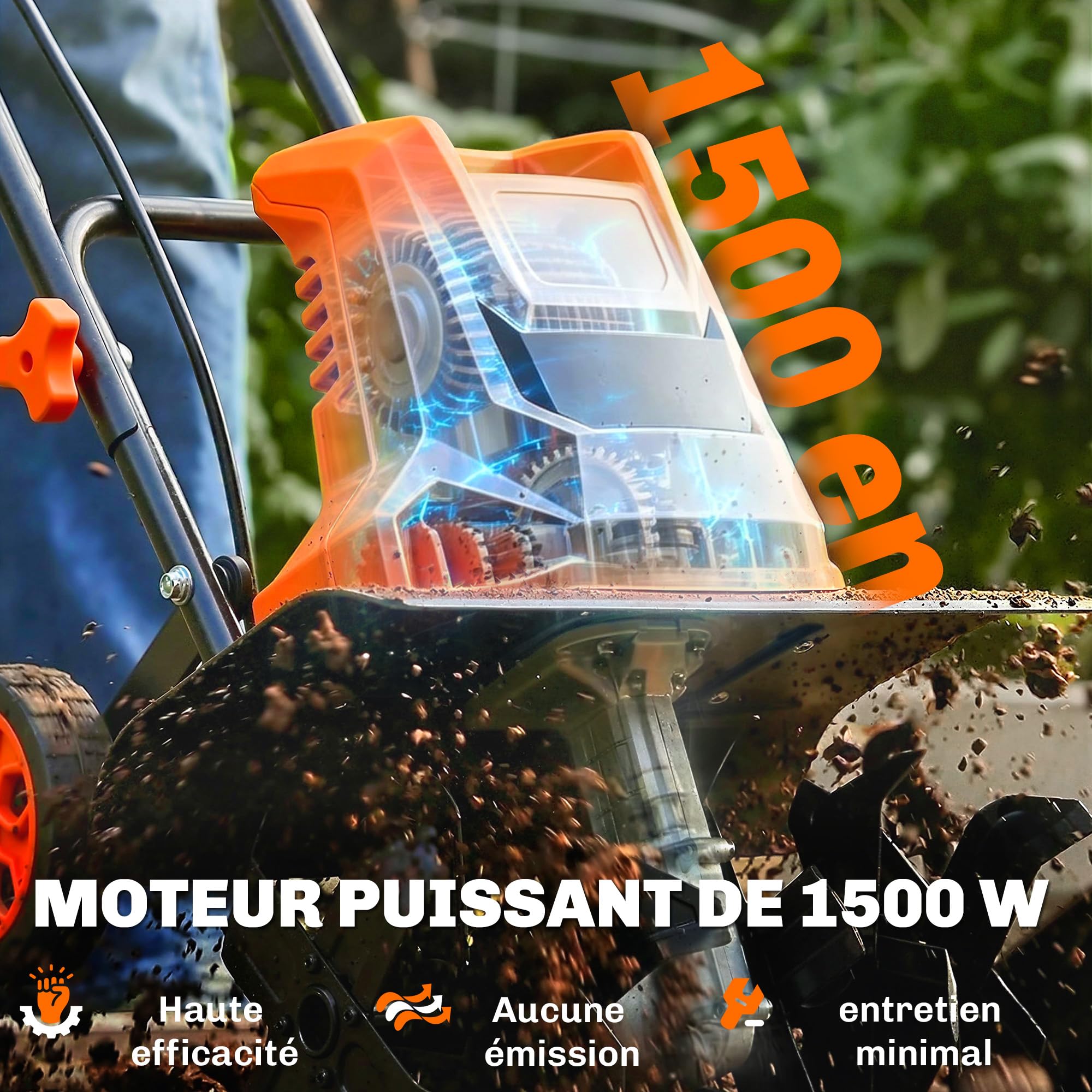 Outsunny Motobinadora eléctrica de 1500 W de jardín manejable – 6 cuchillas 65 Mn ancho 40 cm profundidad 20 cm – Motocultor plegable e impermeable IPX4 para huerto y cultivo orgánico, naranja
