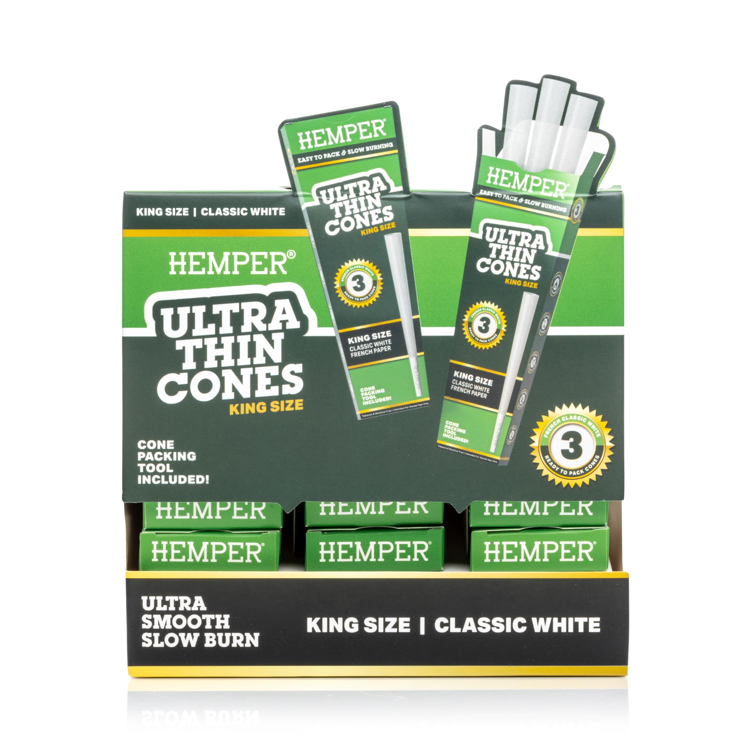 HEMPER Ultra Thin Cones Cones King Size | 3 Pack Individual (24 Ct Display) | Classic White Ultra Thin Pre Rolled Rolling Paper with Tips & Packing Tubes Included