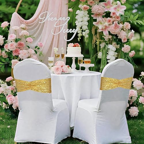 Miniatura 5 de Poise3EHome Bandas de lentejuelas doradas para sillas plegables con lazo para decoración de fiestas, bodas, recepciones, 10 unidades