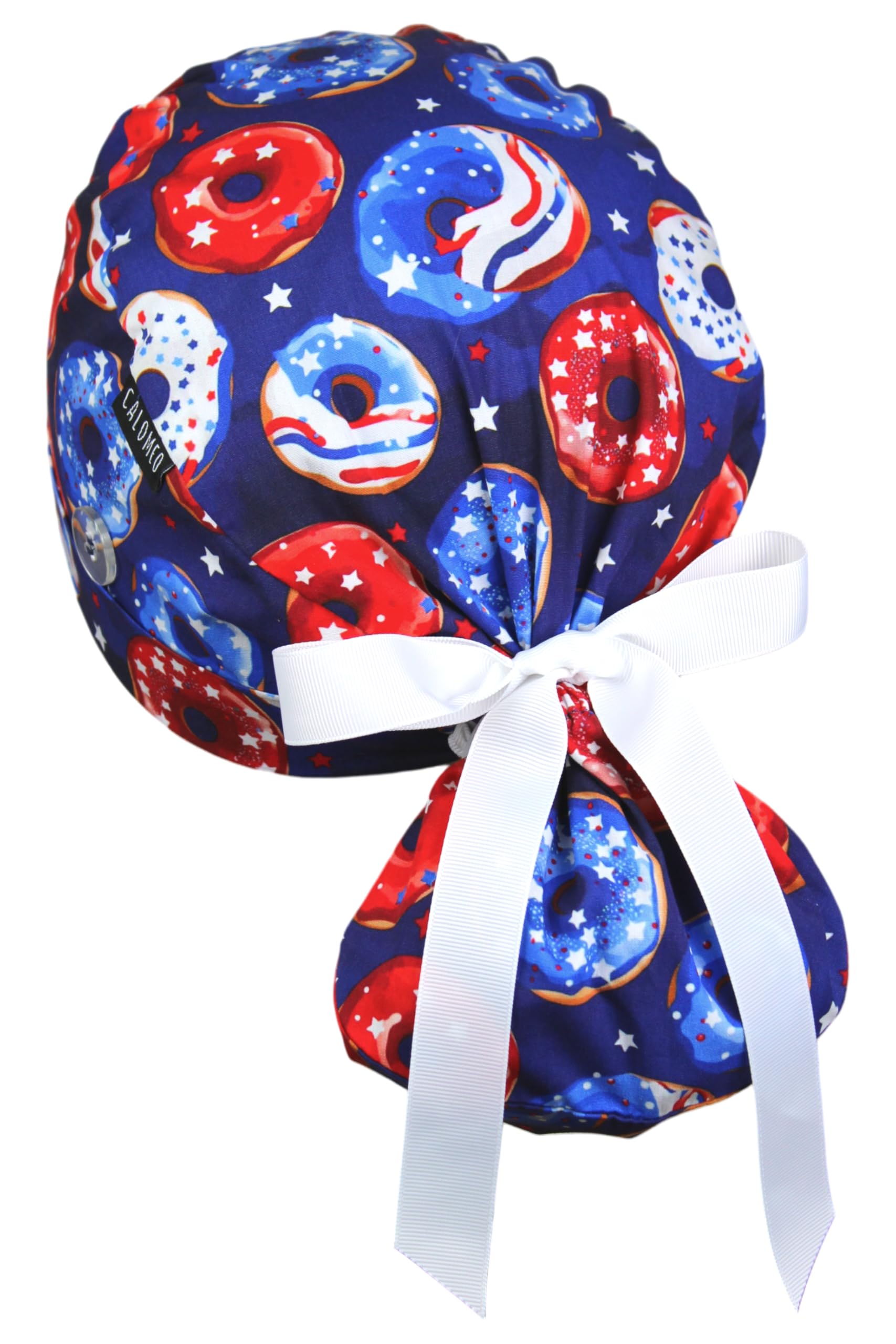 Scrub Cap for Women and Men, Ponytail Scrub Caps, Working Hat, Head Cover with Ribbon Ties and Buttons, Long Hair