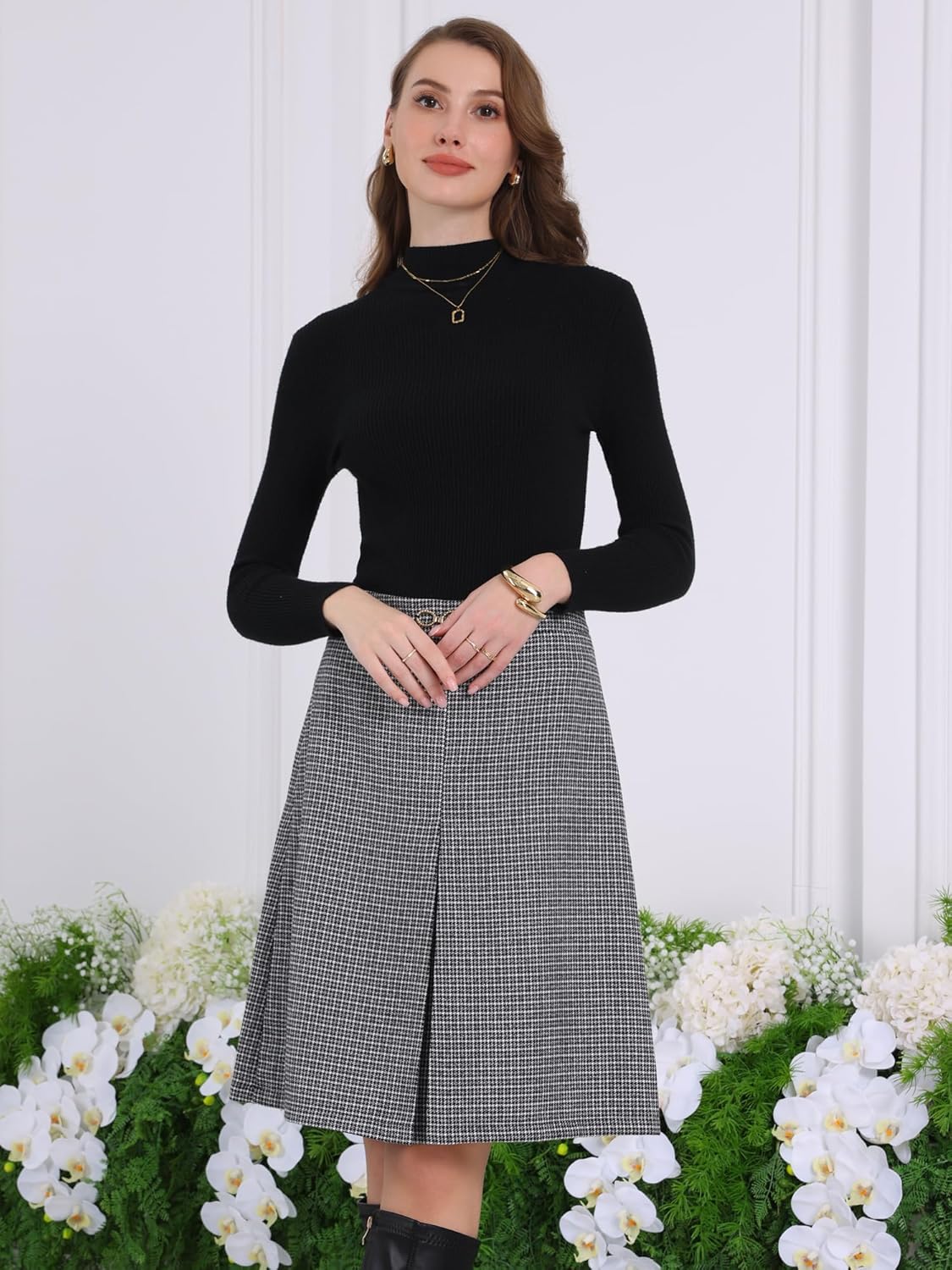 Women's Knee Lenght Skirt Office High Waist Tartan Plaid Skirt