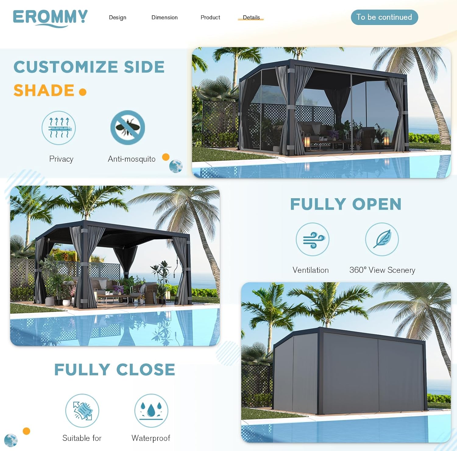 Visual representation of the EROMMY pergola's customizable side shade options, showing fully open for ventilation and 360-degree view, and fully closed for privacy and waterproofing.