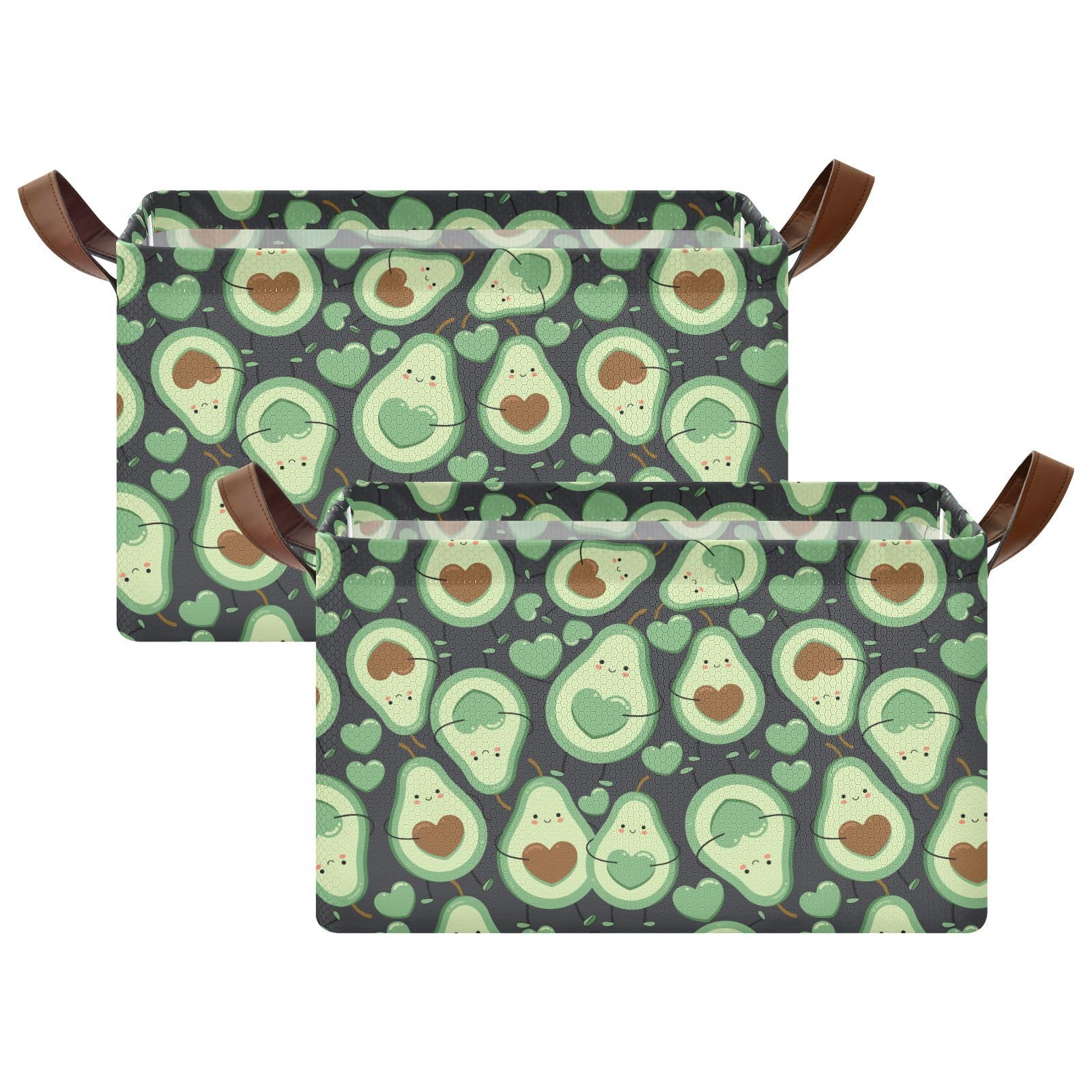 YNNALE Avocado Green Happy Fruit Storage Bins for Shelves with Labels&Handles Fabric Organizer Bin Foldable Rectangle Storage Basket Boxes for Closet, Bathroom, Home, Living Room, 2 Pack