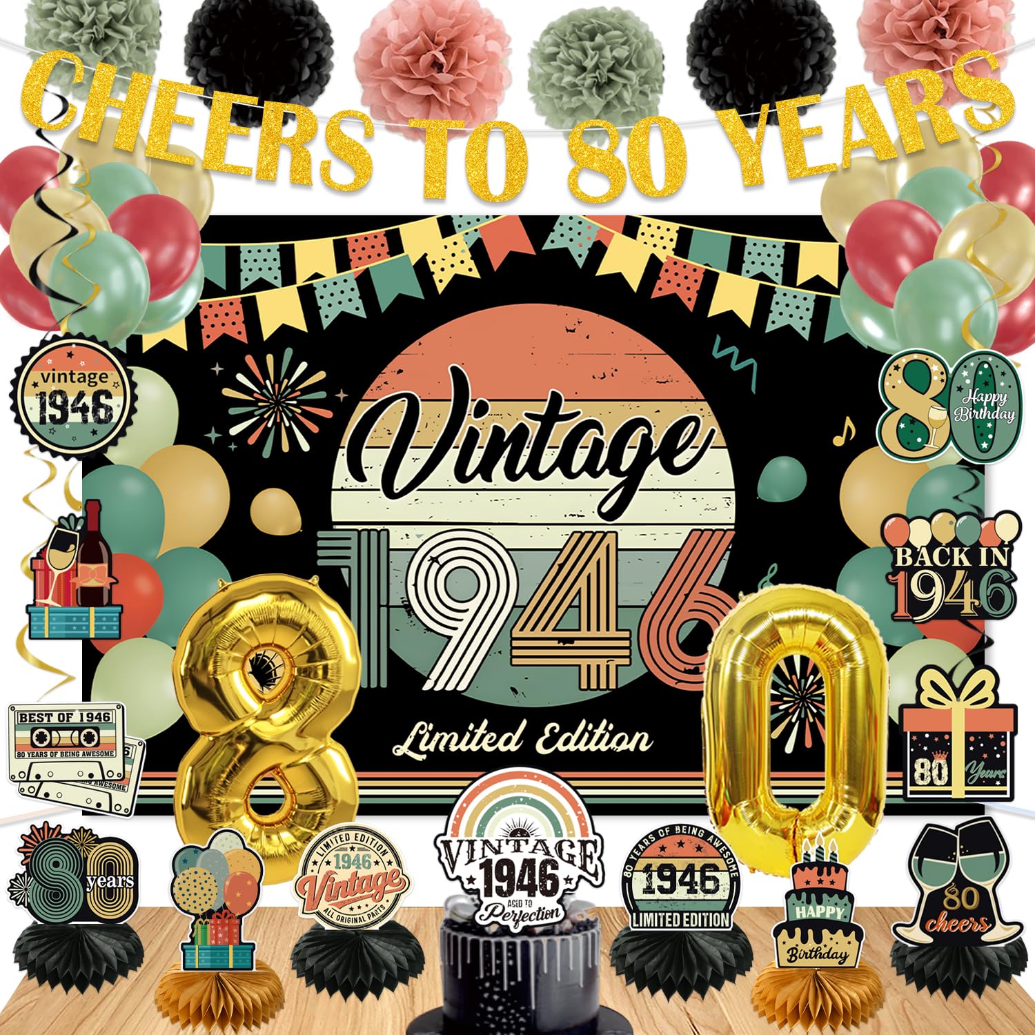 PLOZZY Vintage 47Pcs 80th Birthday Set
