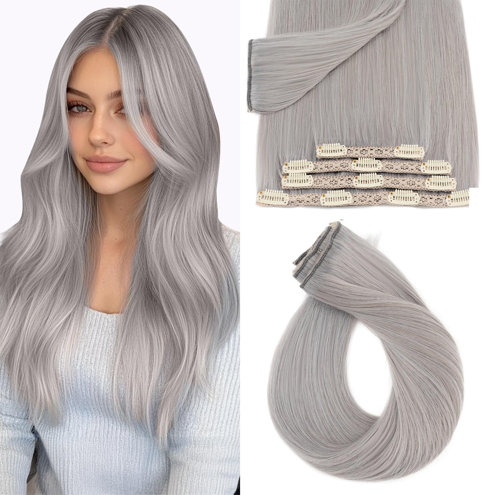 Silk-co Clip in Hair Extensions Real Human Hair Remy Double Weft With Lace Coverd Clip in Silky Straight Natural Thick Hair Seamless 7pcs 16Clips 90g 12Inch # Grey