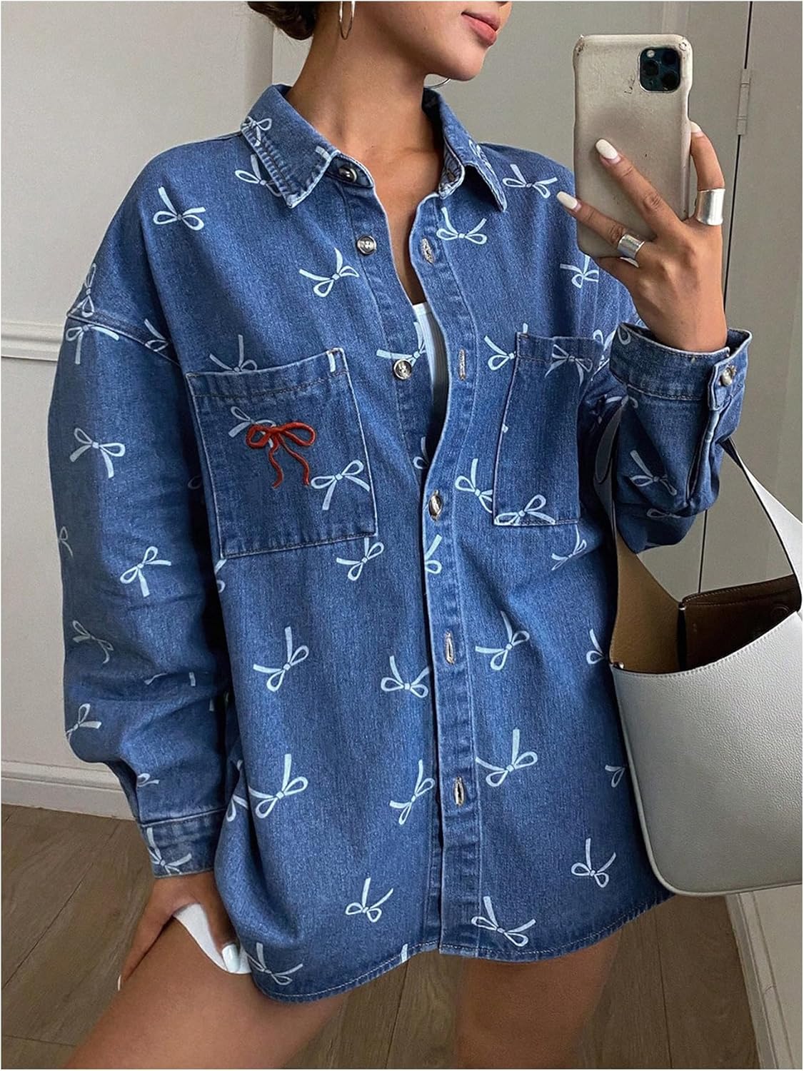 WDIRARA Women's Bow Print Denim Jacket Button Down Long Sleeve Oversized Jean Shacket Jacket - Image 4