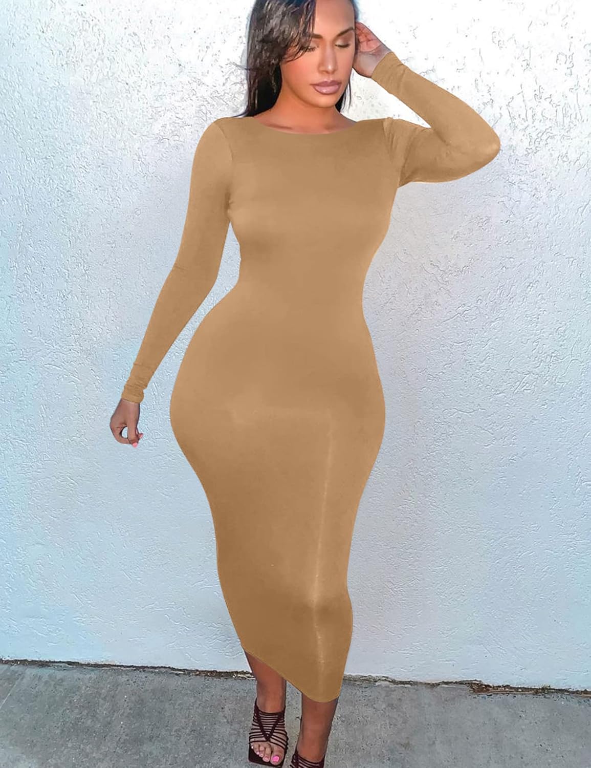 Mokoru Women's Casual Bodycon Long Sleeve Sexy Tight Club Party Midi Pencil Dresses - Image 4